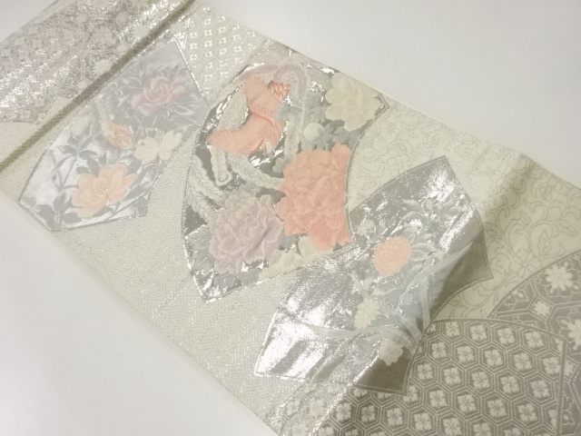 アンティーク　九百錦プラチナ箔地紙に花鳥模様織出し袋帯（材料）